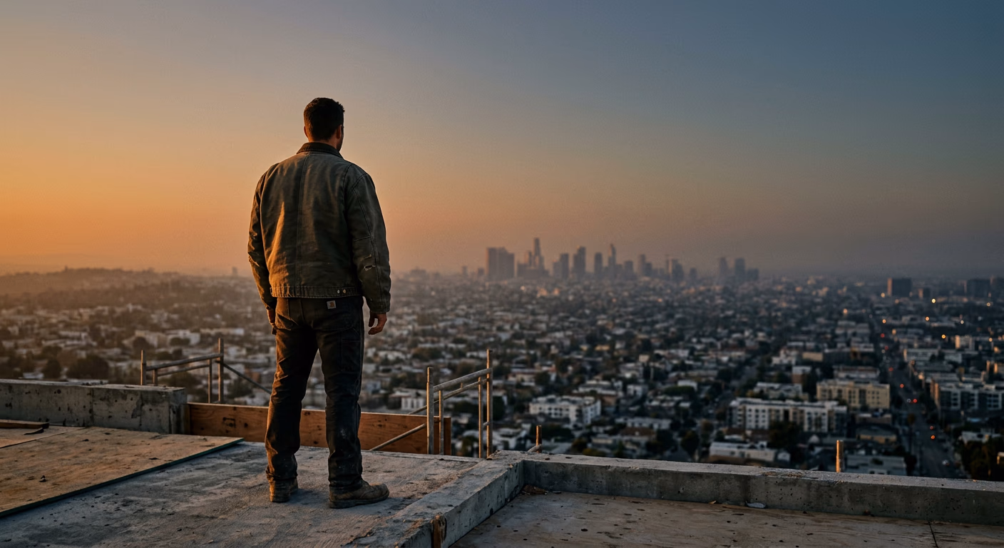 MetaBridge founder overlooking the Los Angeles skyline from a construction site at golden hour